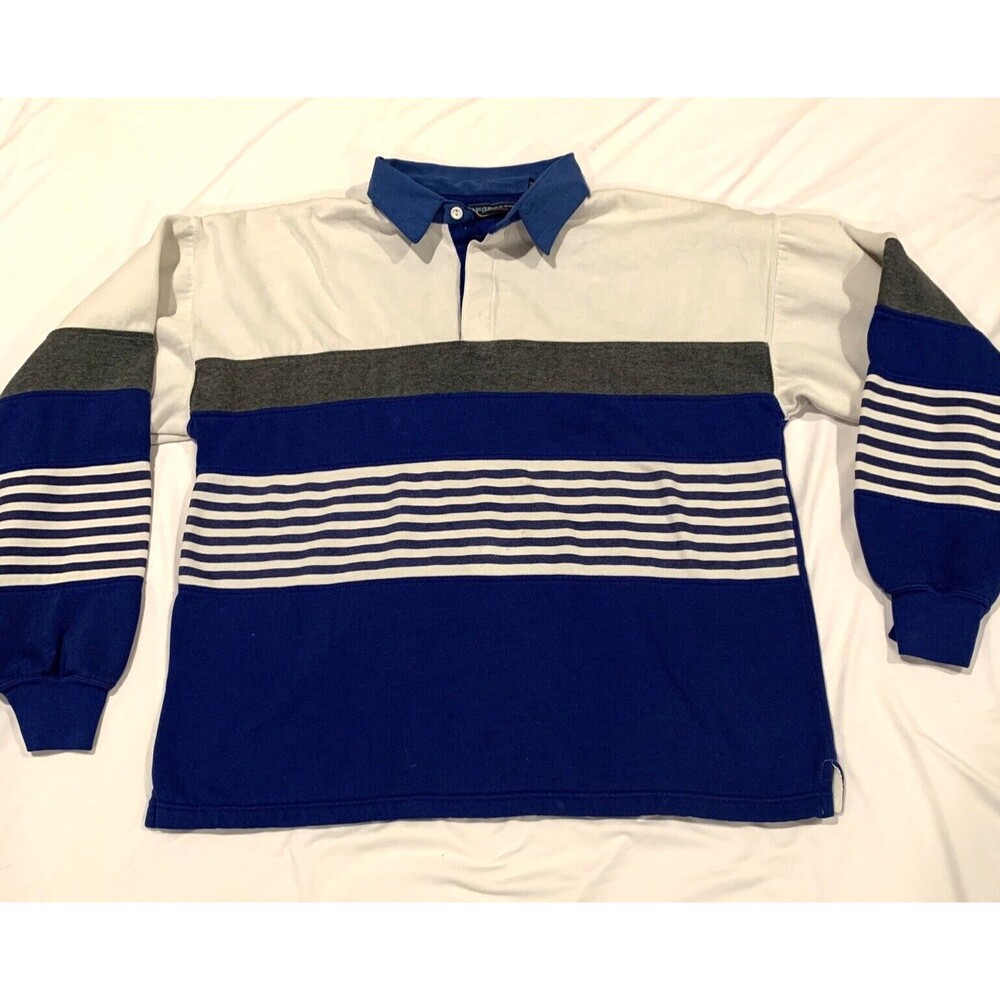 Vintage Macgregor Sz L Fleece Rugby Shirt Made in USA Blue/Gray/White Striped